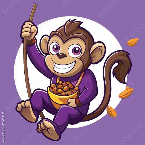 Cheerful monkey mascot swinging joyfully while holding a bowl of snack mix with a playful expression in a vibrant cartoon design