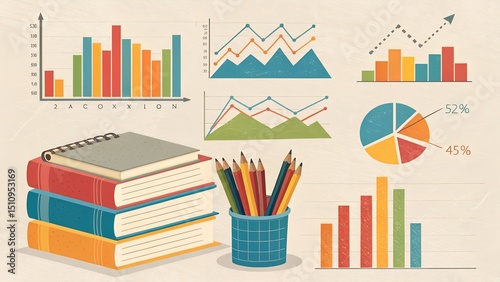 Colorful charts graphs data analysis education books pencils
