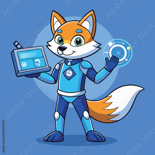 Fox mascot showcases innovative device features in a vibrant tech-themed setting with engaging visuals for audience interaction