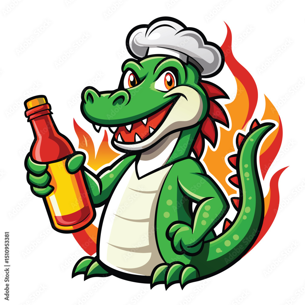 Obraz premium Crocodile mascot in chef hat holding hot sauce bottle stands ready to spice up a culinary adventure at a lively street festival in the heart of the city