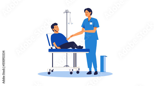 Cartoon patient lying on gurney with nurse attending to him in blue scrubs