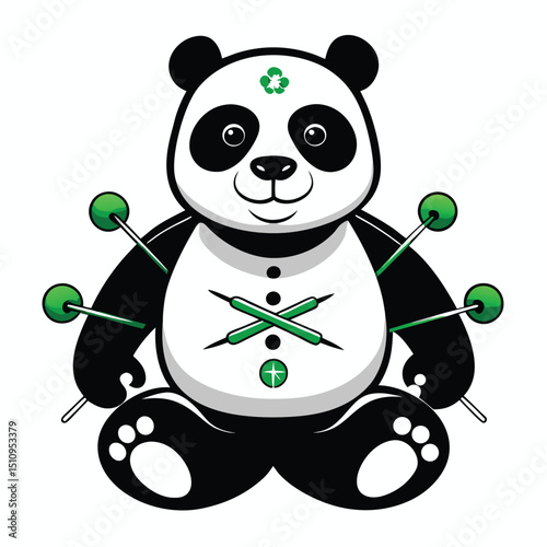 Panda mascot with acupuncture needles and herbal remedies promotes wellness and relaxation in a playful setting