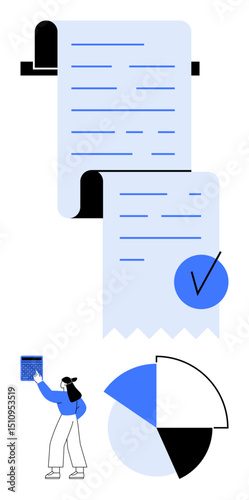 Large receipts with checkmark, woman assessing data, bar graph, pie chart. Ideal for accounting, finance, auditing, strategy statistics data analysis decision making. Flat simple metaphor