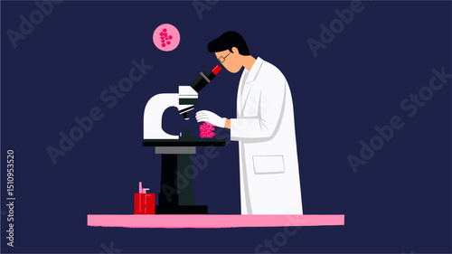 Scientist in lab coat examining pink cells under a microscope