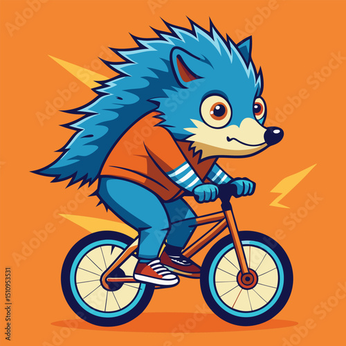 Hedgehog mascot performs BMX bike stunt showcasing agility and speed in an energetic and vibrant setting with a bright orange background