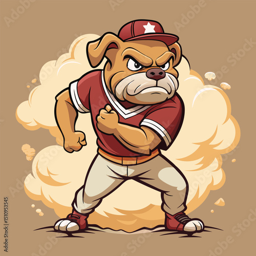 Bulldog mascot in baseball uniform prepares to pitch in an energetic display of team spirit during an animated sports event at the local stadium