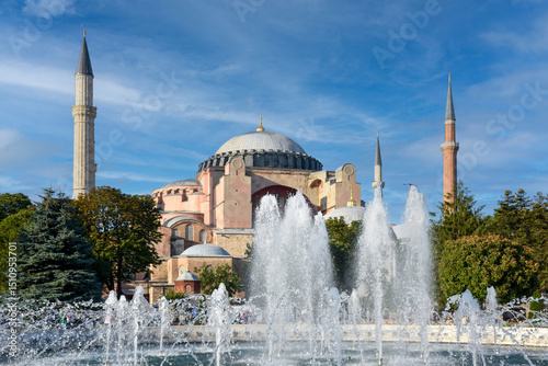 view of hagia sophia with fountain in istanbul turkey