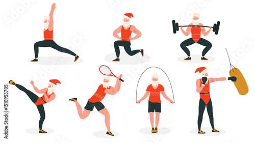 Santa in sport healthy activity vector illustration. Cartoon flat active bearded Santa wearing xmas red hat and athlete sportsman suit doing sport or yoga exercises, Christmas set isolated on white
