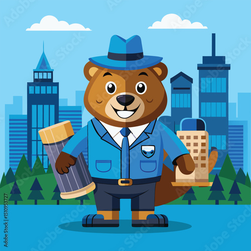 Beaver mascot acts as city tour guide holding landmark models in a colorful urban setting during a sunny day