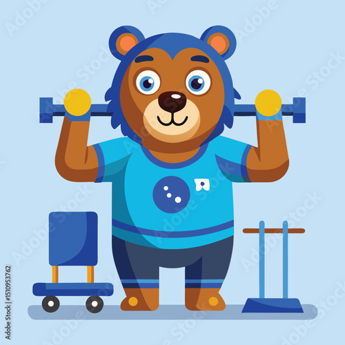Bear mascot rehabilitation specialist conducts therapy in a cheerful setting using fitness equipment to promote animal well-being and health recovery