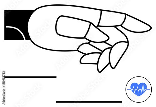 Robotic hand in precise gesture paired with heartbeat icon symbolizing healthcare, technology, and innovation. Ideal for medical AI, robotics, health monitoring, futuristic tech, automation, science