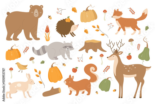 Autumn animals vector illustration set. Cartoon flat forest fall season collection with raccoon bear deer hare hedgehog fox characters, tree branches and autumnal mushrooms, pumpkin isolated on white