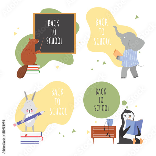 Animals back to school lettering concept vector illustration set. Cartoon flat animalistic cute characters collection with beaver penguin hare elephant learning lessons and schooling isolated on white