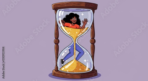 A person is trapped in an hourglass of golden sand, symbolizing the passage of time