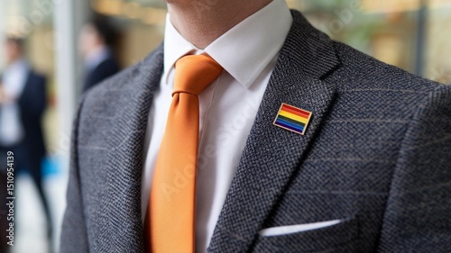 Businessman wearing LGBT pride flag pin on suit jacket. Orange tie, white shirt, pro look, business attire. Symbol of equality, diversity, inclusion in workplace, company. Pride month, gay, lesbian le