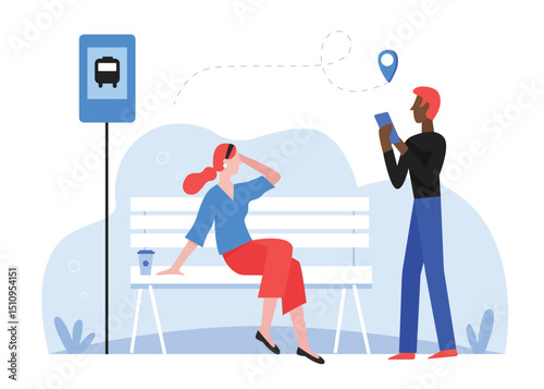 Passenger people wait in bus stop vector illustration. Cartoon flat man woman characters waiting for bus public transport, search route using smartphone map app, city transportation isolated on white