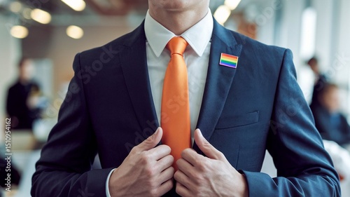 Businessman wearing LGBT pride flag pin on suit jacket. Orange tie, white shirt, pro look, business attire. Symbol of equality, diversity, inclusion in workplace, company. Pride month, gay, lesbian le