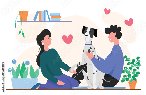 People owner with dog vector illustration. Cartoon flat happy young man woman hugs doggy, couple characters spend time together with own pet animal at home apartment, love to animals isolated on white