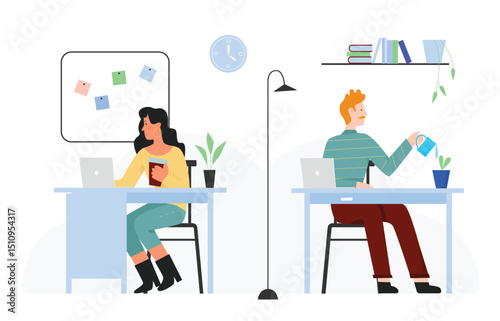 People work in business office flat vector illustration. Cartoon colleague worker team of characters working at workplace, businessman sitting at computers, watering office plants isolated on white