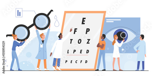 Ophthalmology vector illustration. Cartoon flat doctor ophthalmologist oculist characters checking, examining patient eyes health with snellen chart test, clinic medical examination isolated on white