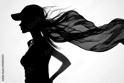 Woman clutching a scarf in the wind silhouette