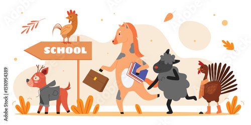 Animals go to school vector illustration. Cartoon flat cute animalistic character holding book and schoolbag, deer rooster horse sheep running to school, motivation education concept isolated on white