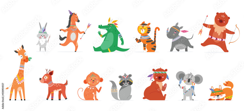 Fototapeta premium Cartoon tribal animal flat vector illustration set. Funny animalistic boho wildlife collection with cute wild forest tribe of monkey hare rhino teddy bear giraffe deer raccoon fox isolated on white