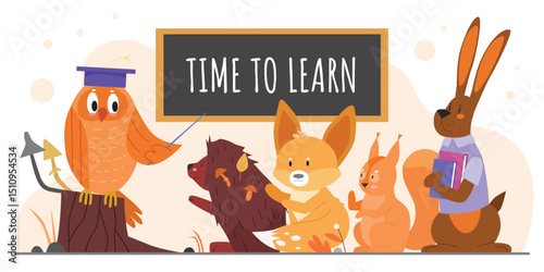 Animals study at school vector illustration. Cartoon flat owl teacher with pointer teaching wild forest pupil animal characters, hedgehog fox squirrel hare studying and schooling isolated on white