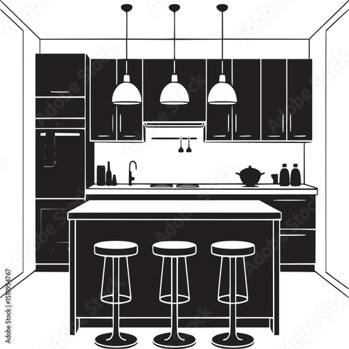 Black and white kitchen interior with island and three hanging light fixtures