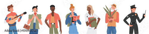 Casual people flat vector illustration set. Cartoon diverse multiracial character collection of different races, professions or ages, man woman in casual outfit clothes, work uniform isolated on white