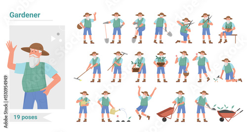 Gardener working poses infographic vector illustration set. Cartoon flat elderly bearded man worker farmer character planting and harvesting in different postures, farm garden work isolated on white