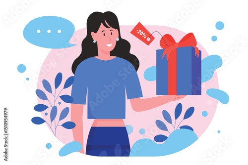 Discount sales vector illustration. Cartoon flat happy woman buyer character holding gift box in hand, buying present gift at discount sale in shop or store, shopping promotion isolated on white