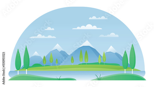Mountain and river summer landscape vector illustration. Cartoon flat mountainous peaceful summertime scenery with scenic green grass riverbank, mountain snowy peaks on horizon isolated on white