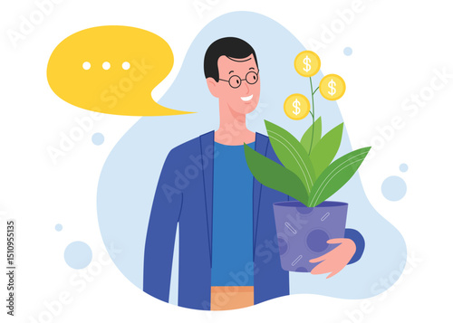 Success investment concept vector illustration. Cartoon flat happy man investor character holding money coin plant pot, investing in successful business project, financial profit isolated on white