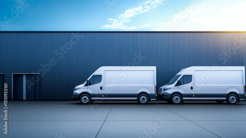 A row of white delivery trucks and a money van parked in front of a warehouse.