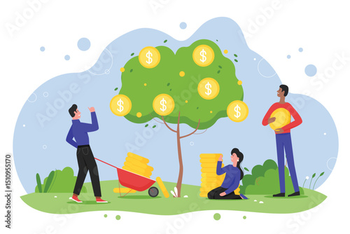 Money tree plant growth flat vector illustration. Cartoon happy entrepreneur people planting money tree with cash gold coins in garden, growing income, increase revenue concept isolated on white