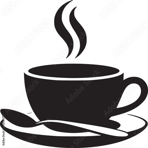 Black and white graphic of a steaming cup of coffee with a spoon on a saucer