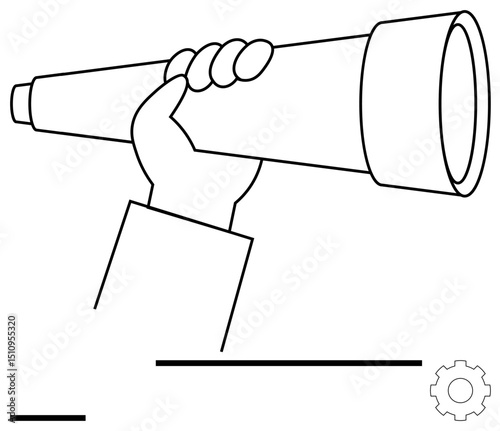 Hand gripping telescope indicating vision and focus. Gear symbol adds progress and innovation context. Ideal for strategy, discovery, leadership, planning, foresight, exploration, simple landing page