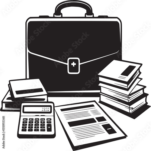 Illustration of a briefcase with books calculator and documents on a surface
