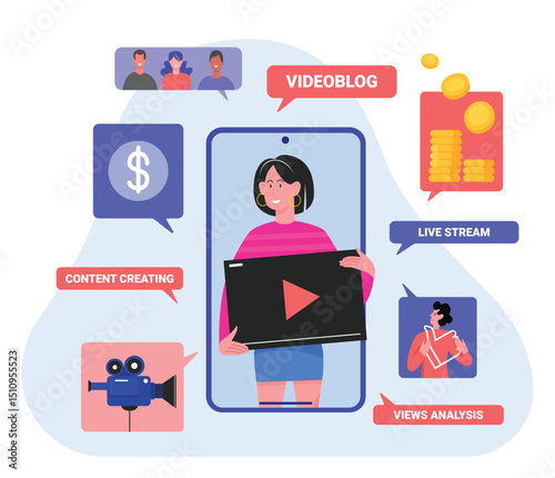 Videoblog vlog concept vector illustration. Cartoon flat videoblogger streamer woman character presents creative video content or stream on smartphone screen in social media networks isolated on white