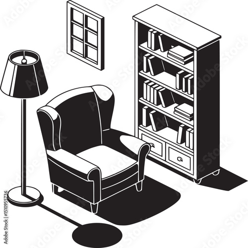 Isometric view of a room with armchair, bookcase, window and floor lamp design