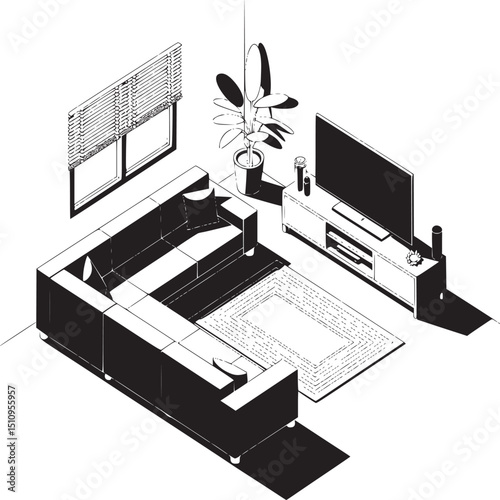 Isometric view of a living room with sofa, tv, plant, and window in monochrome