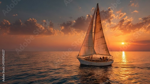 A sailboat amidst a water body as the sun sets and cloudy sky above