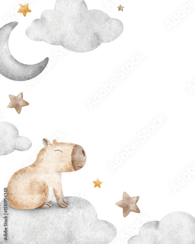 Frame of capybara sleeping on cloud among stars and crescent moon. Template of newborn's party invitation of guinea pig. Layout for baby shower card, celebration, announcement, social event.