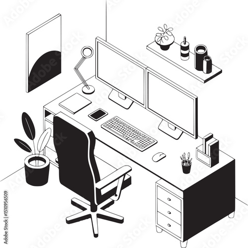 Isometric view of a desk setup with dual monitors and office accessories art