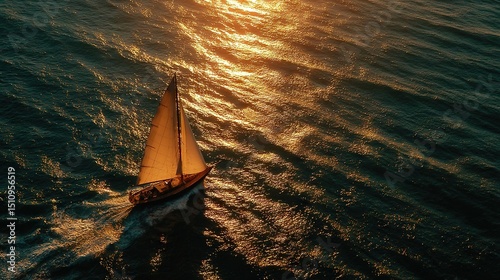   A sailboat glides on a mirror-like lake, basking in the golden rays of the sun above
