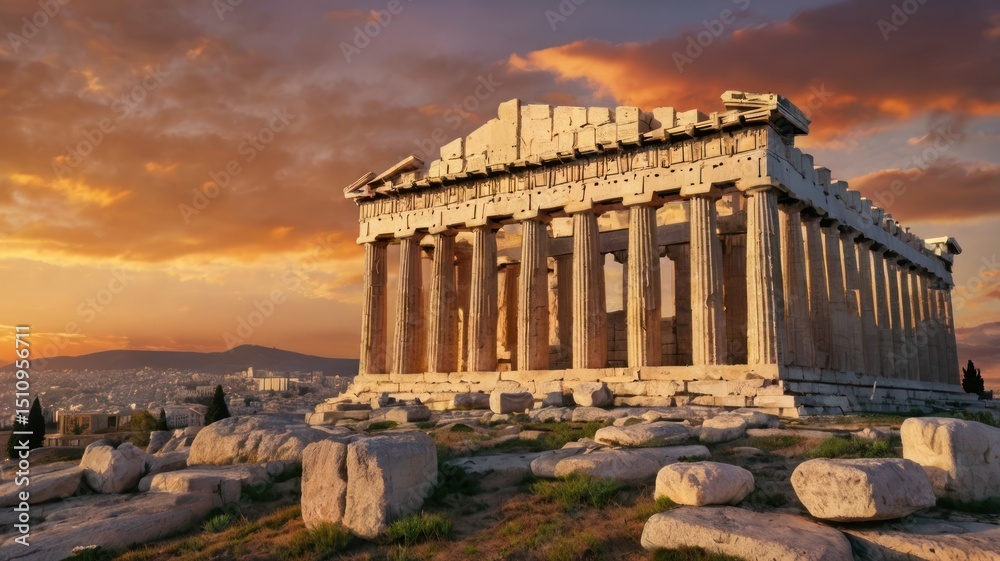 Fototapeta premium Ancient Roman Forum ruins with towering columns, a historical landmark in the heart of Italy's eternal city