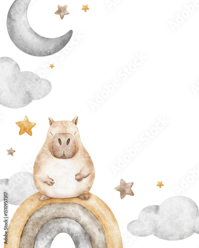Frame of capybara sleeping on rainbow among stars, clouds and crescent moon. Template of newborn's party invitation of guinea pig. Background for baby shower card, celebration, announcement