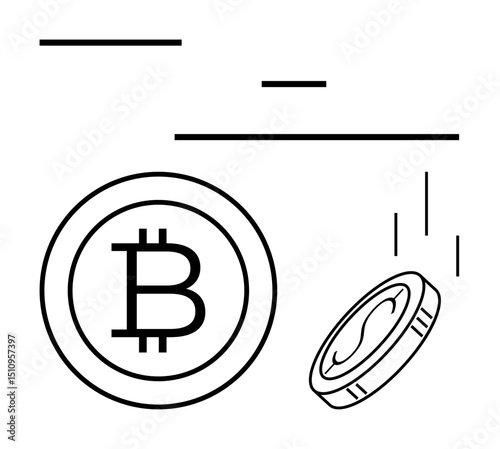 Bitcoin logo alongside a falling coin, conveying ideas of cryptocurrency, digital currency, financial growth, investment, economy, blockchain. Ideal for fintech, payments economic concepts