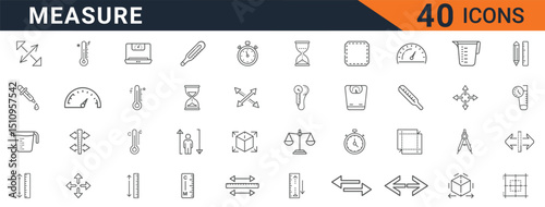 Set of 40 Measurement Line Icons Including Thermometers, Rulers, Scales, Speedometers, Timers, and Volume Indicators for Scientific and Technical Use